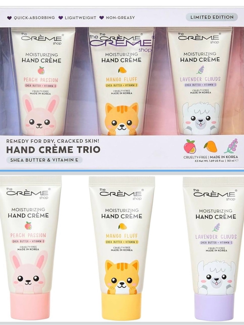 Moisturizing Hand Crème Trio - Peach Passion, Mango Fluff, Lavender Clouds